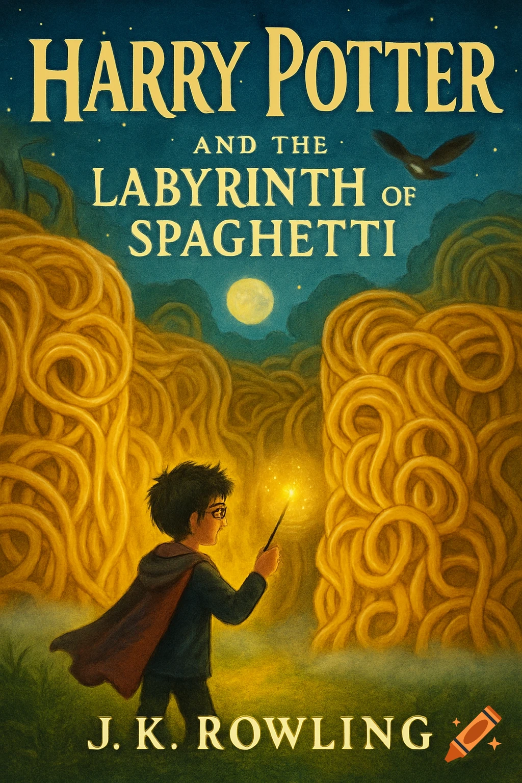 A whimsical book cover for 'Harry Potter and the Labyrinth of Spaghetti,' showing Harry with a glowing wand in a spaghetti forest under a full moon.