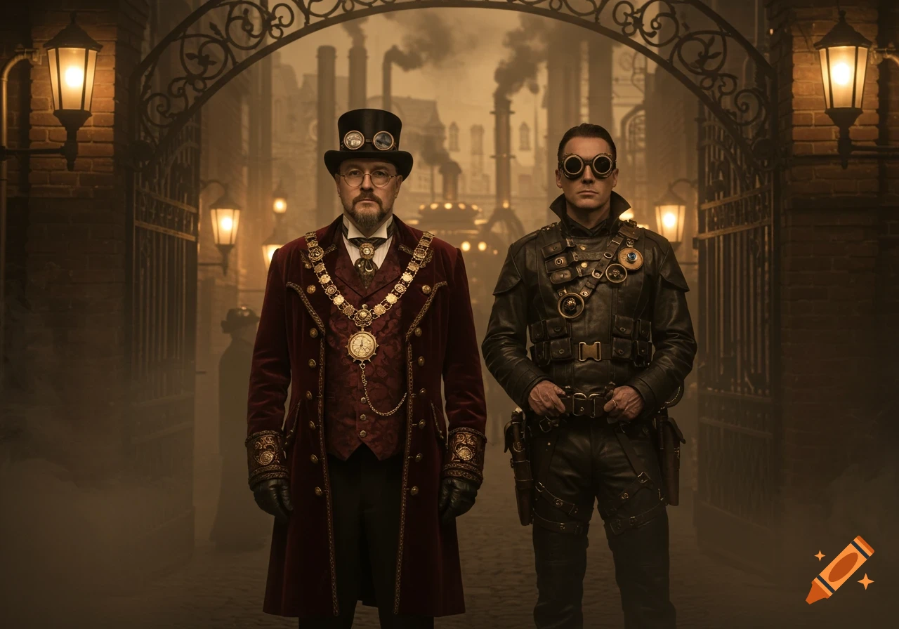 Two men in elaborate steampunk attire stand under a grand archway in a smoky, industrial city street.
