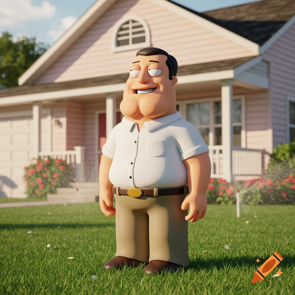 A 3D rendered character resembling Joe Swanson from Family Guy stands in front of a pink house on a sunny day.