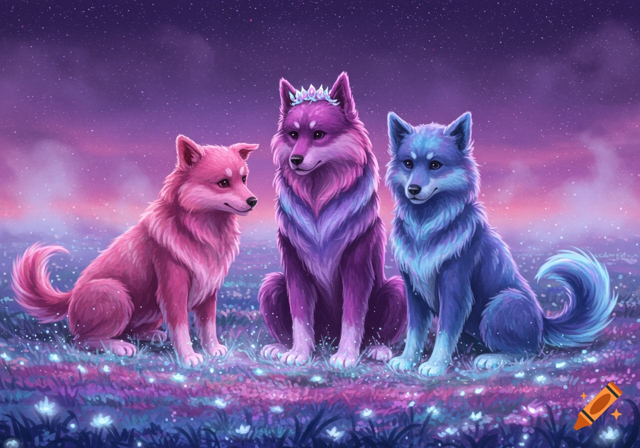 Three colorful fantasy dogs, pink, purple, and blue, sit in a field of glowing flowers under a starry purple sky.
