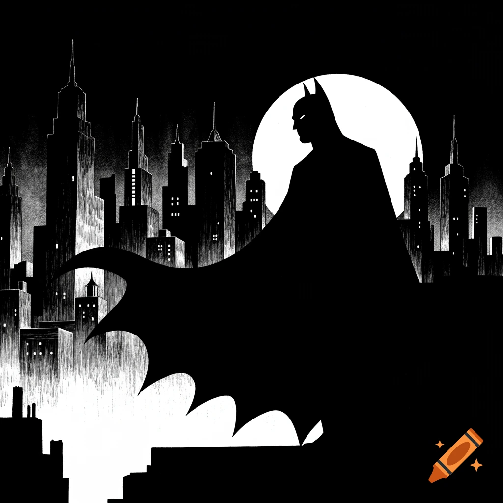 Silhouette of Batman on a rooftop overlooking a dark, gothic cityscape with a full moon in the background.