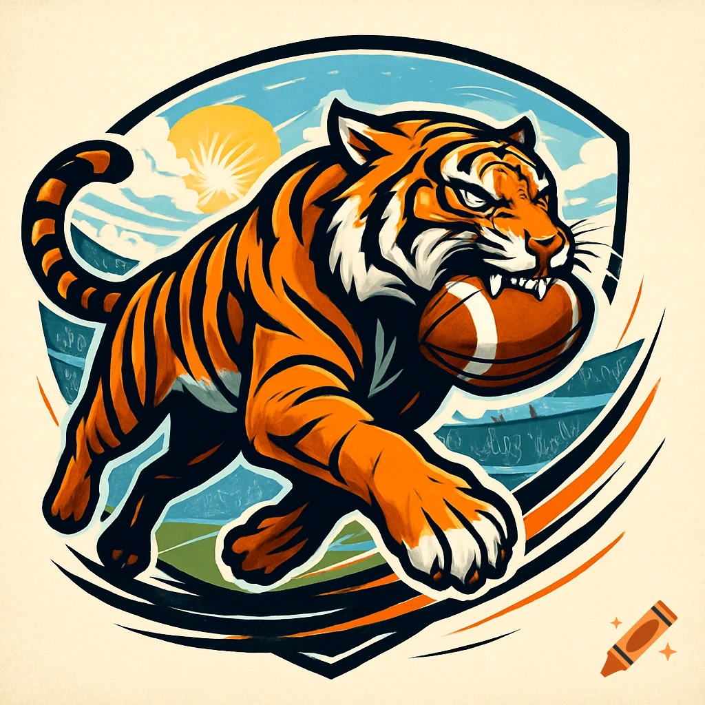 An aggressive illustrated tiger runs while holding a football in its mouth, set against a stadium background within a shield shape.