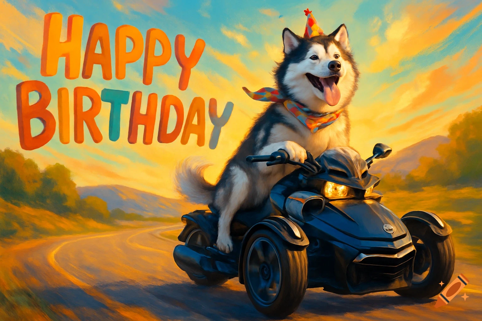 A happy Alaskan Malamute in a party hat and scarf rides a three-wheeled motorcycle on a road at sunset, with large 'HAPPY BIRTHDAY' text.