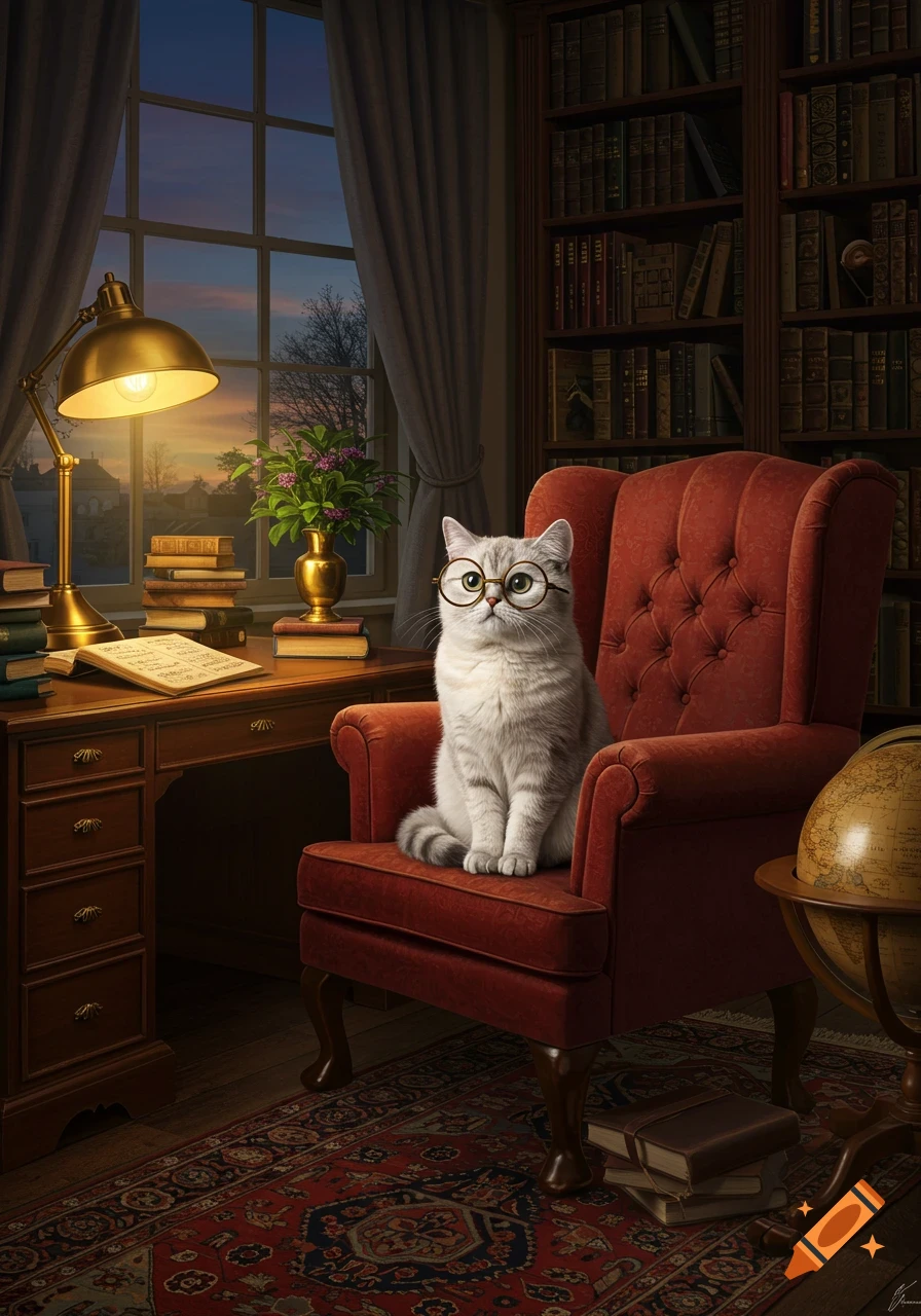 A grey tabby cat wearing spectacles sits upright in a red armchair in a cozy, lamp-lit library with a desk and bookshelves.
