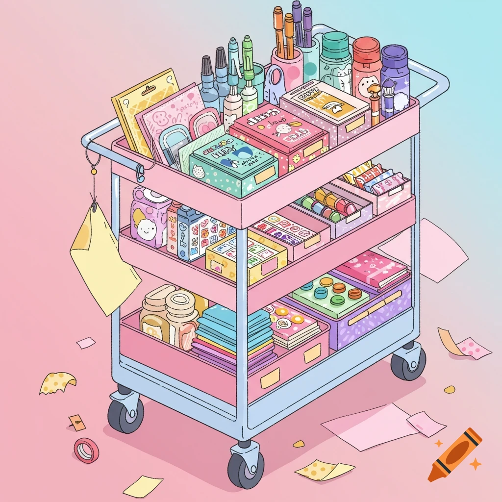 A cartoon illustration of a pink and blue rolling cart filled with various art and scrapbook supplies in pastel colors.