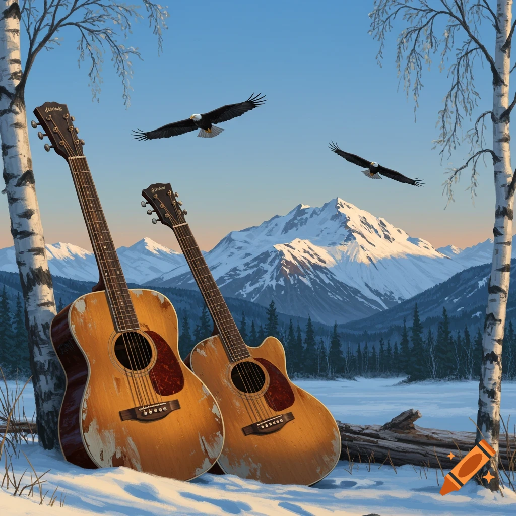 Two acoustic guitars lean against a birch tree in a snowy landscape with mountains and two eagles flying overhead.