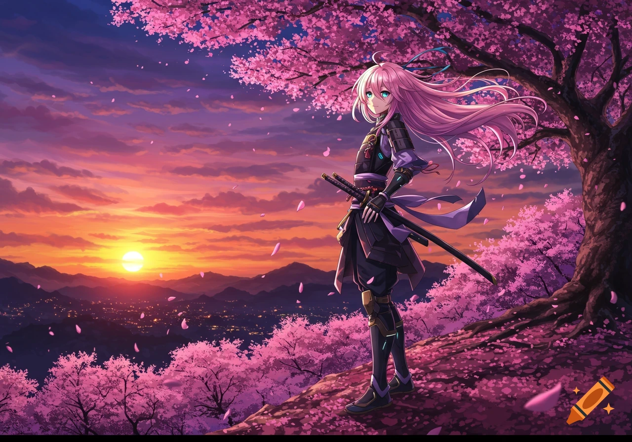 Anime girl with pink hair and warrior attire stands under a pink cherry blossom tree at sunset, overlooking a mountain landscape.