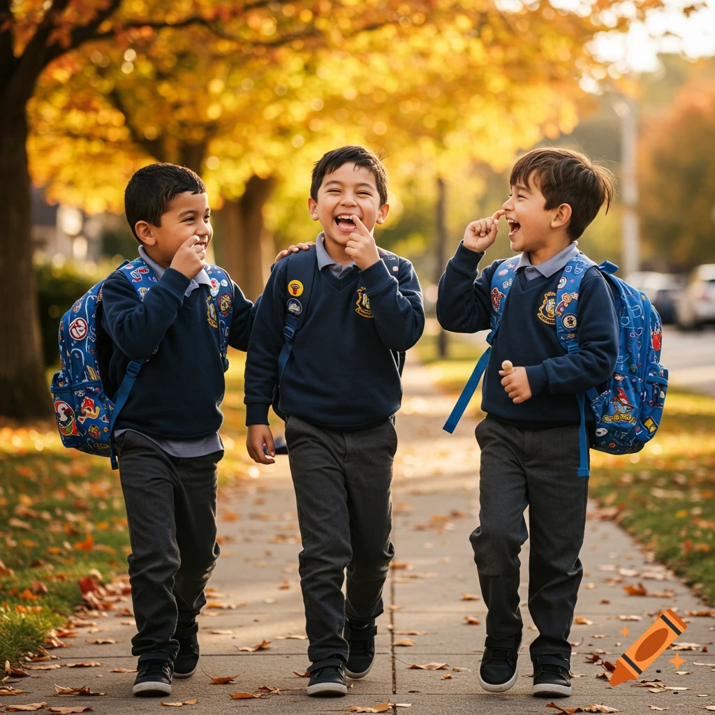 Three smiling boys in school uniforms with backpacks walk on a leaf-covered path in autumn.
