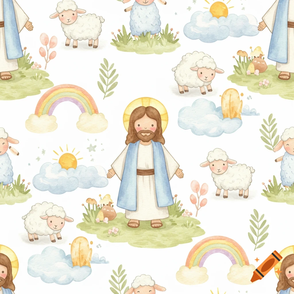 Watercolor seamless pattern featuring cute Jesus characters with halos, sheep, rainbows, and clouds on a white background.