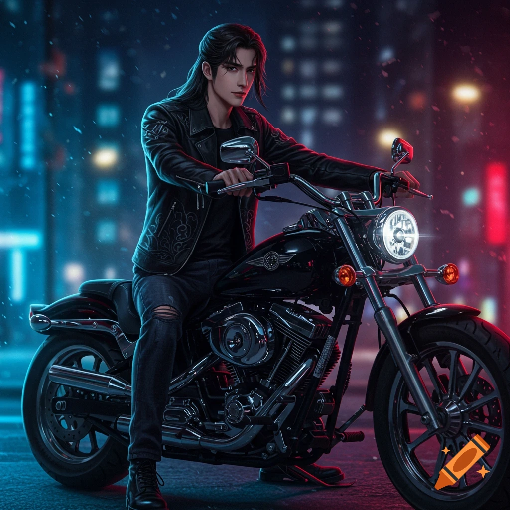 A long-haired anime man in a leather jacket sits on a motorcycle at night in a city with neon lights.