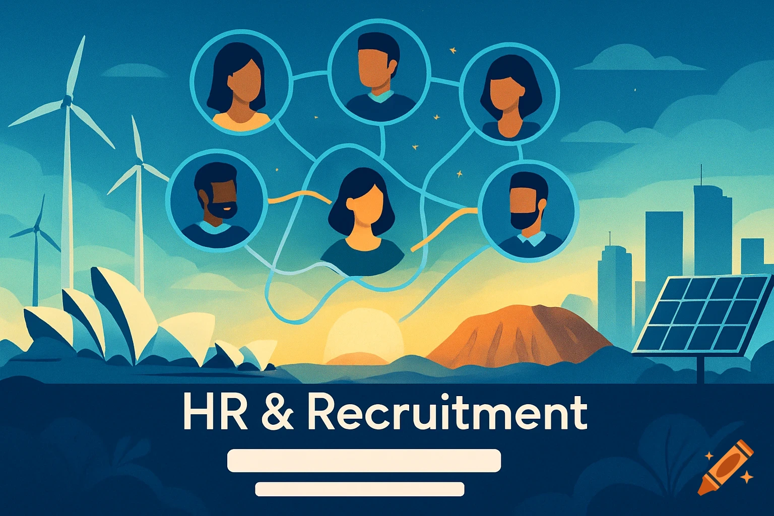Professional flat illustration banner for HR and Recruitment with connected people, wind turbines, solar panel, and cityscape.