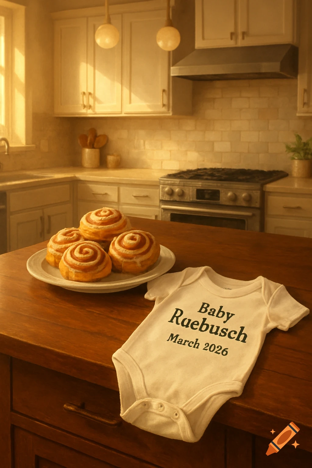 A baby onesie with 'Baby Ruebusch March 2026' and a plate of cinnamon buns on a kitchen island counter. Photorealistic.