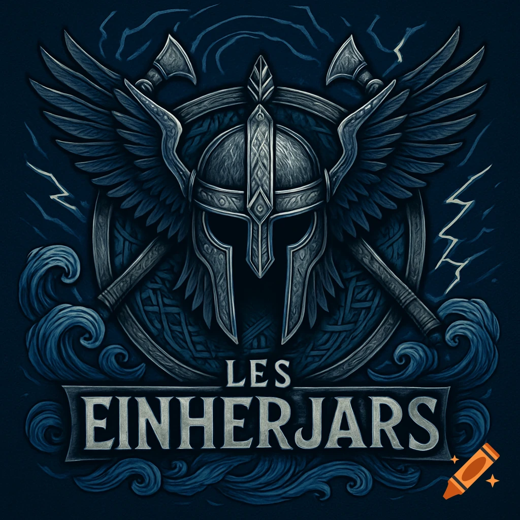 Stylized illustration of a winged Viking helmet with crossed axes, a shield, waves, and lightning, with 'LES EINHERJARS' text below.