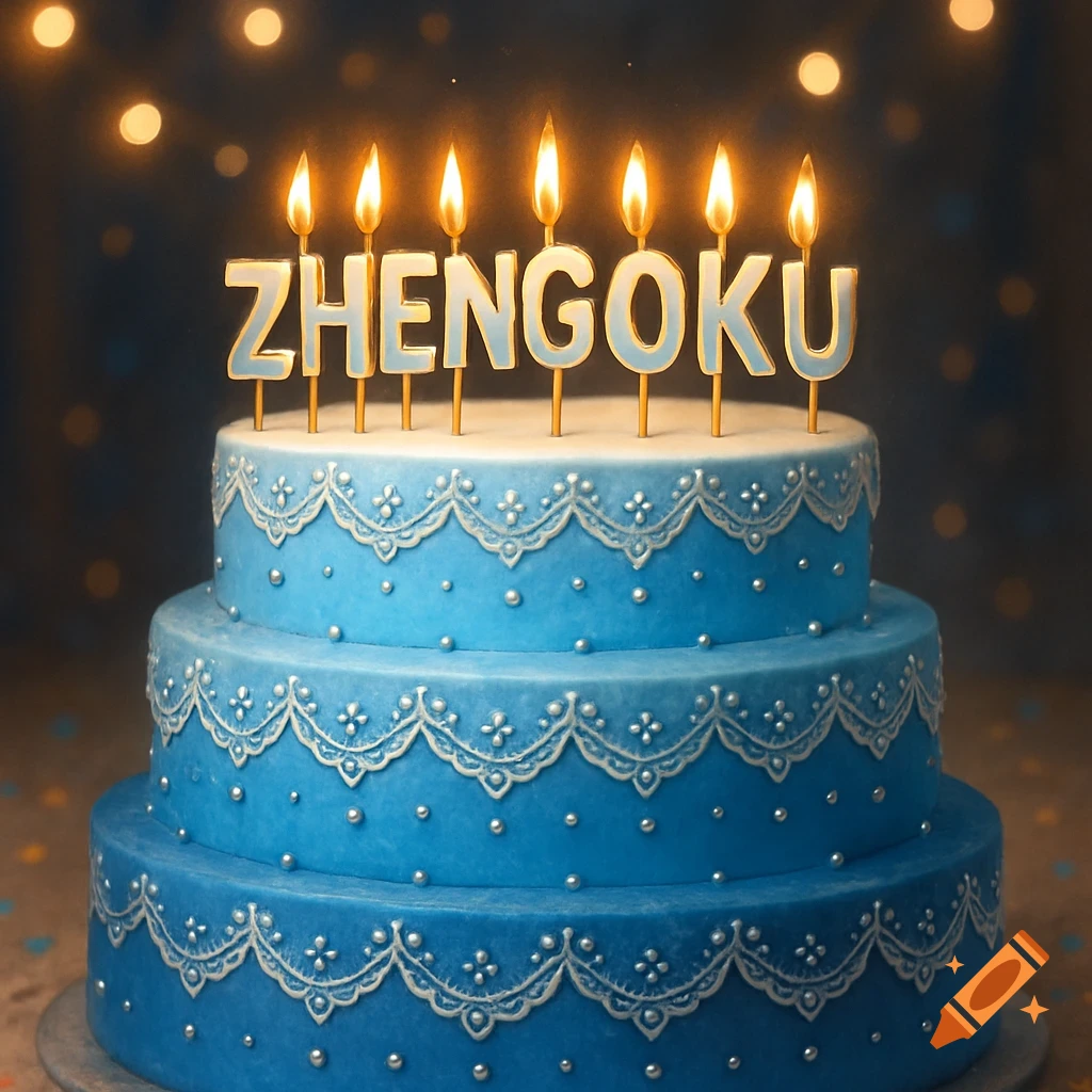 A three-tiered blue birthday cake decorated with white lace and silver beads, topped with lit candles spelling 'ZHENGOKU' against a dark background with bokeh lights.