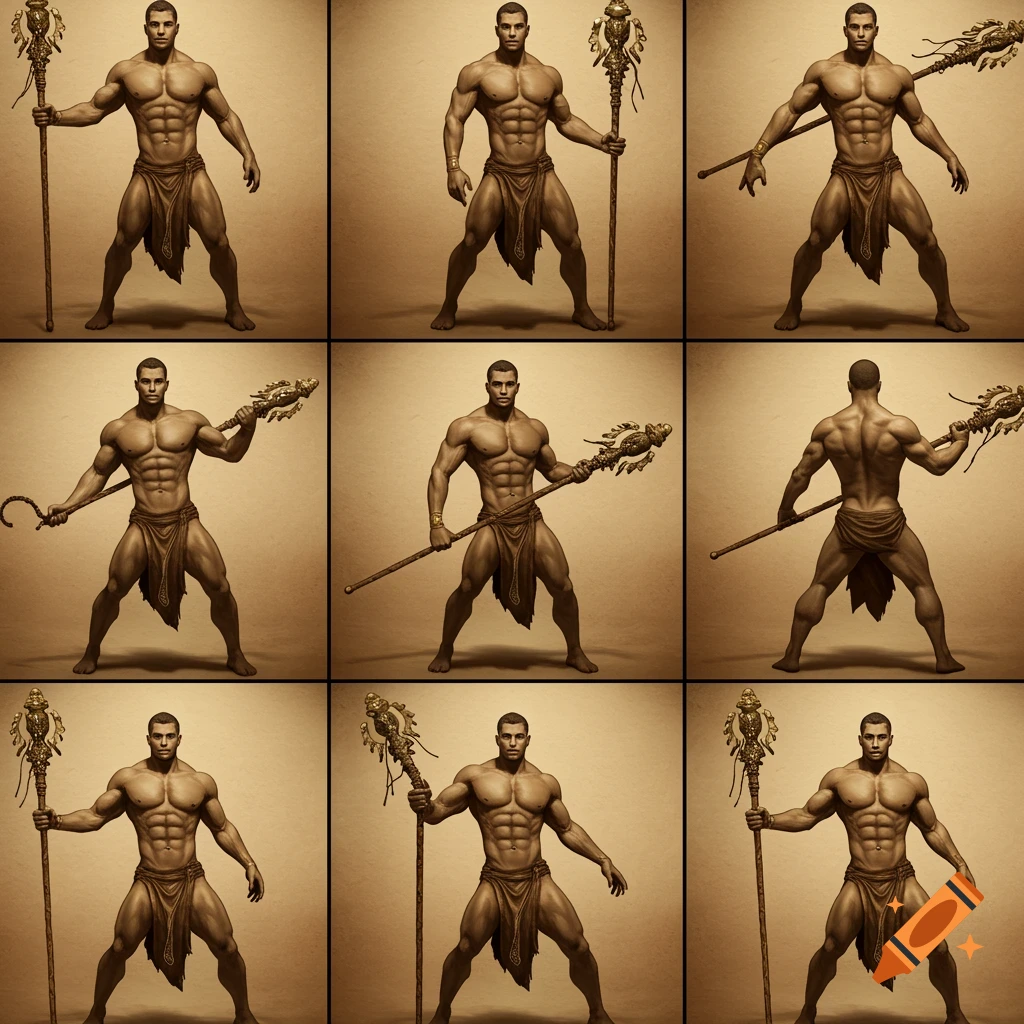 A grid of nine images of a muscular man in a loincloth holding a decorative staff, posing against a sepia background.