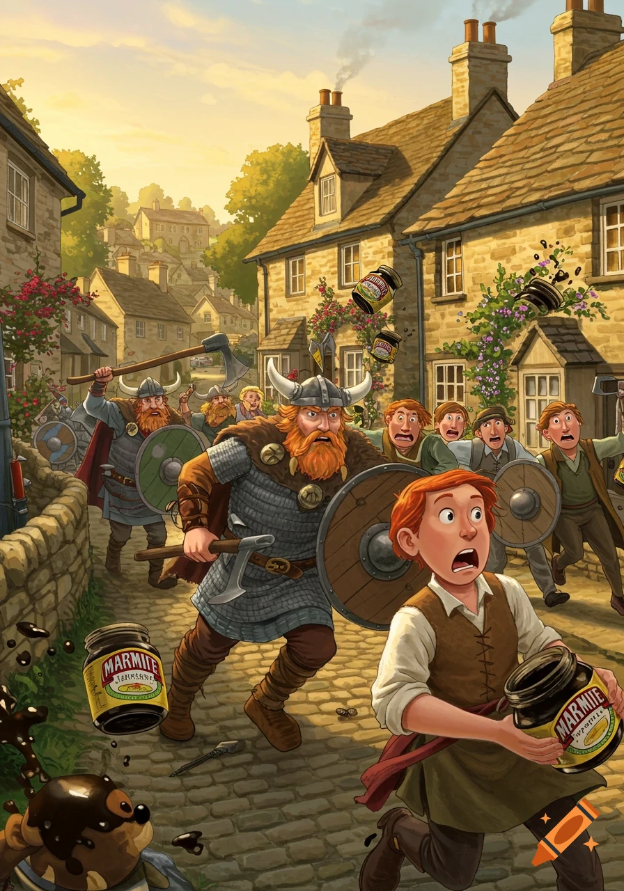 Cartoon Vikings charge into a picturesque village as villagers defend by throwing jars of Marmite.