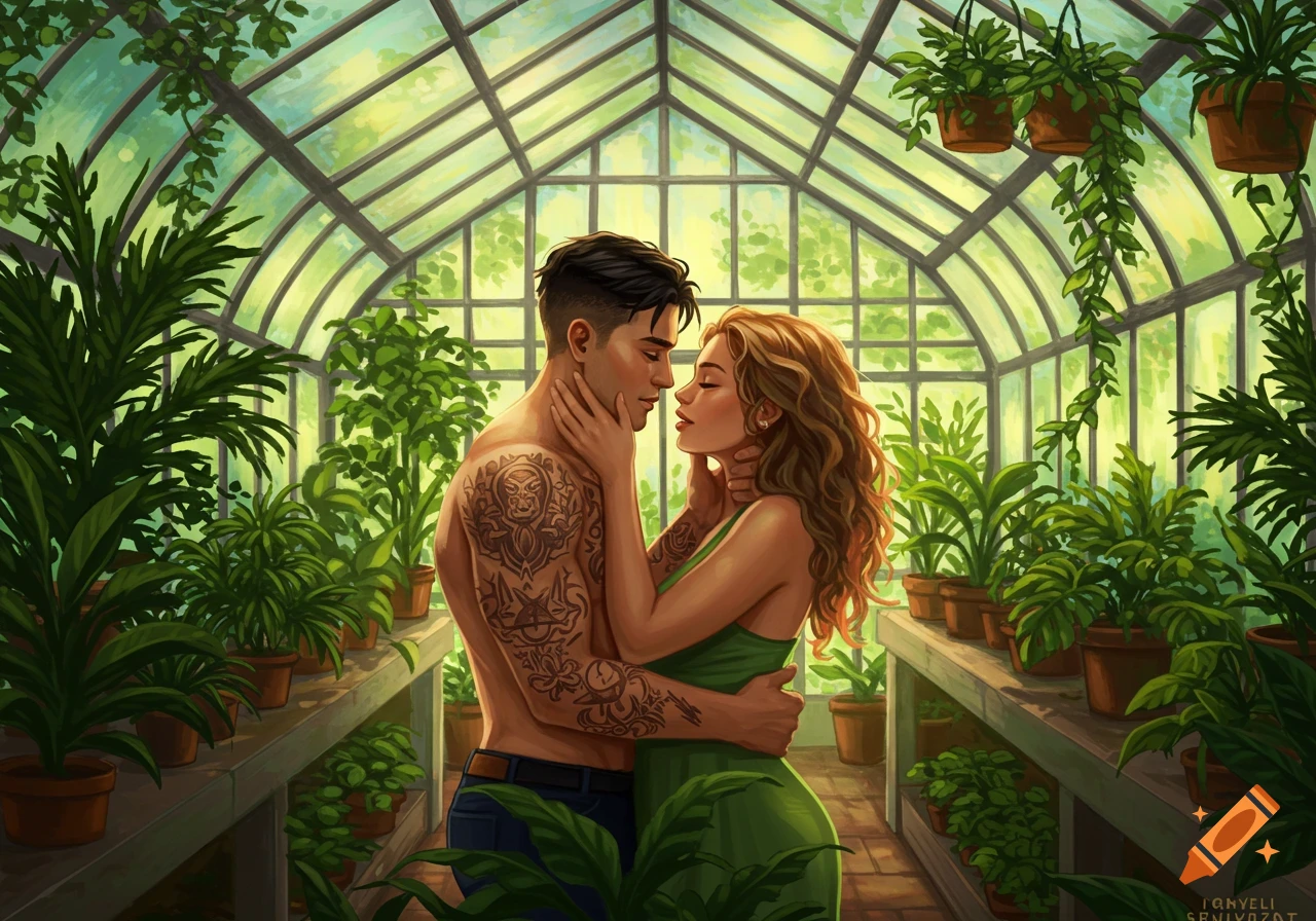 A romantic drawing of a couple embracing in a sunlit glass greenhouse filled with lush potted plants.