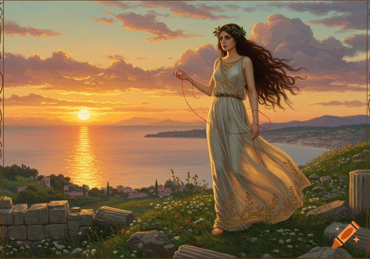 A woman in classical Greek attire with a laurel wreath stands on a hill overlooking a bay at sunset, holding a red thread.