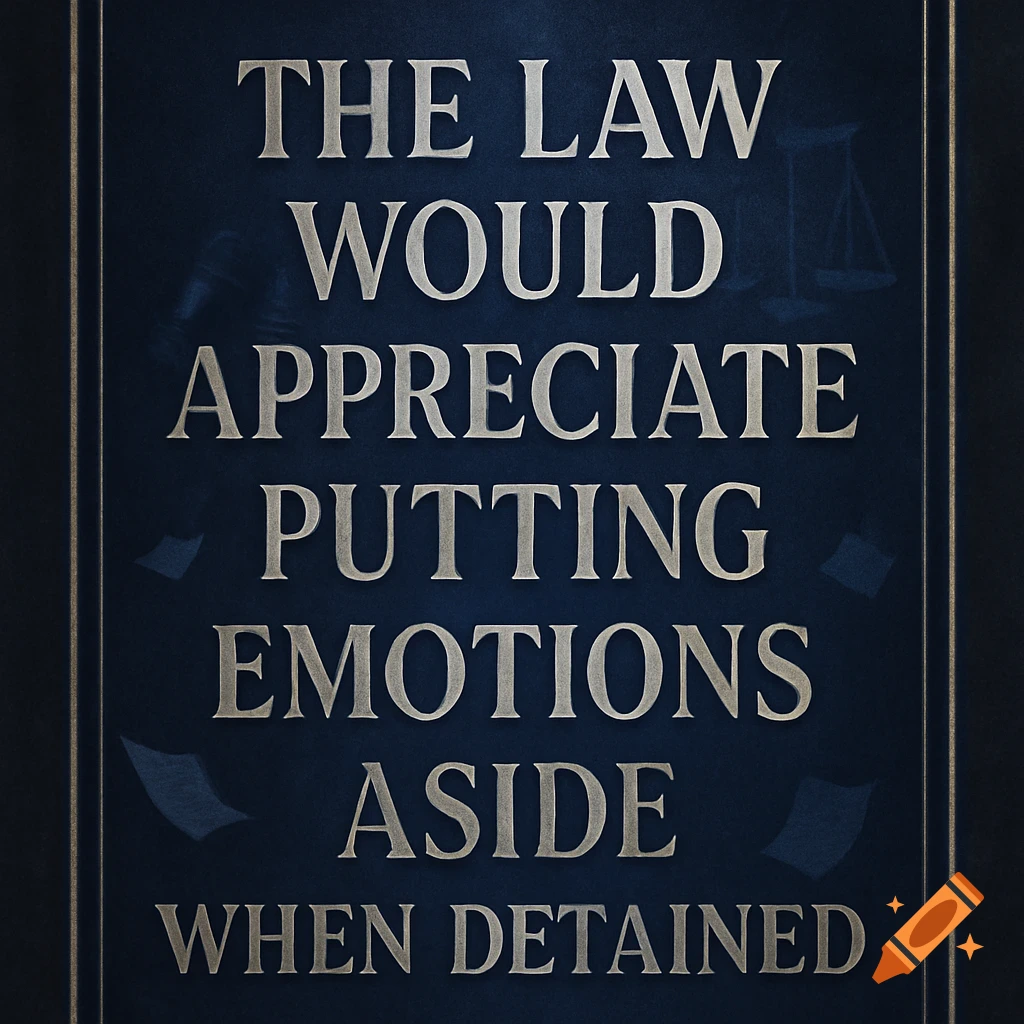A dark blue image with metallic silver text that reads: "THE LAW WOULD APPRECIATE PUTTING EMOTIONS ASIDE WHEN DETAINED".