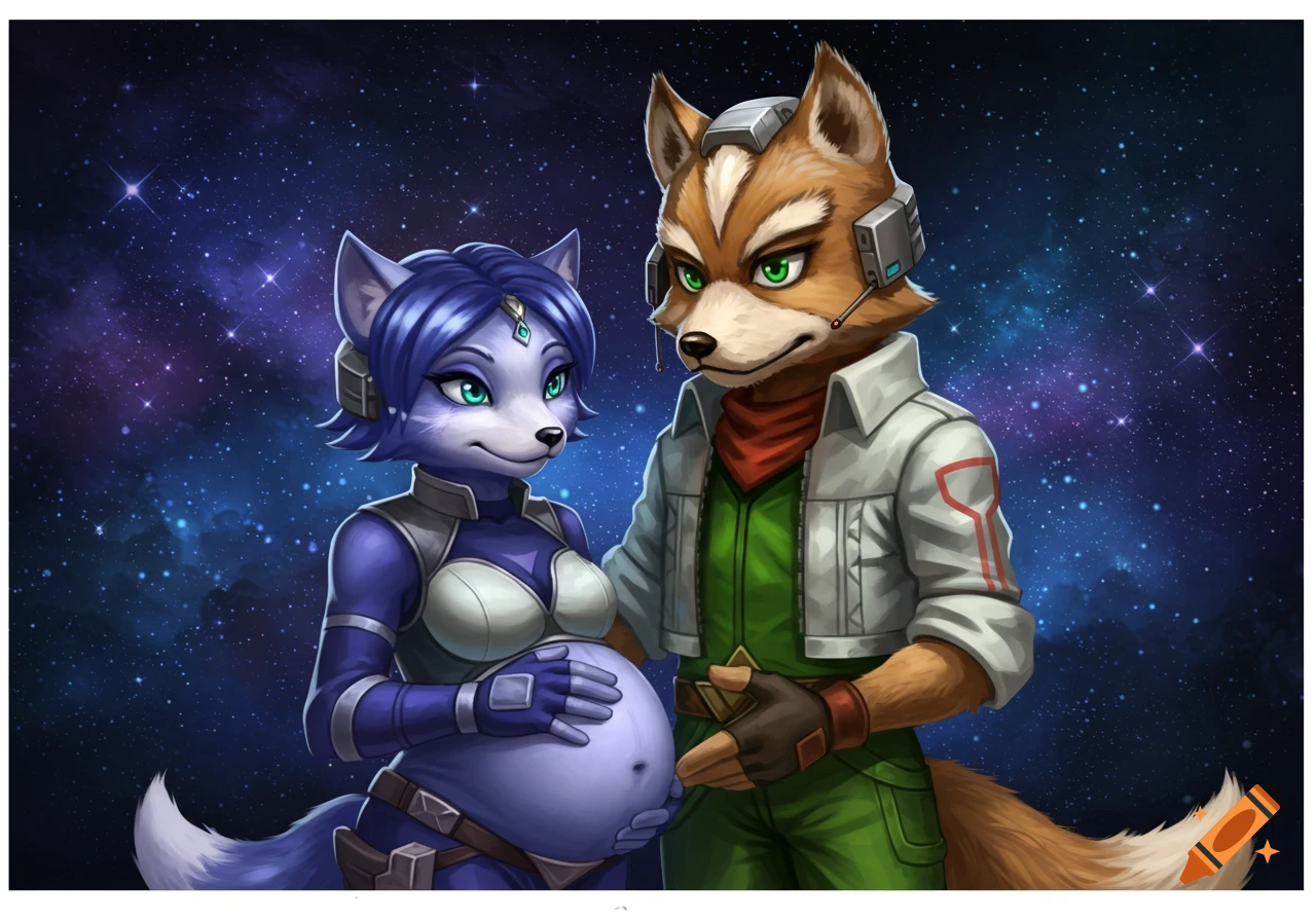 Anthromorphic Fox McCloud stands with a pregnant Krystal, a blue vixen, against a starry space background.