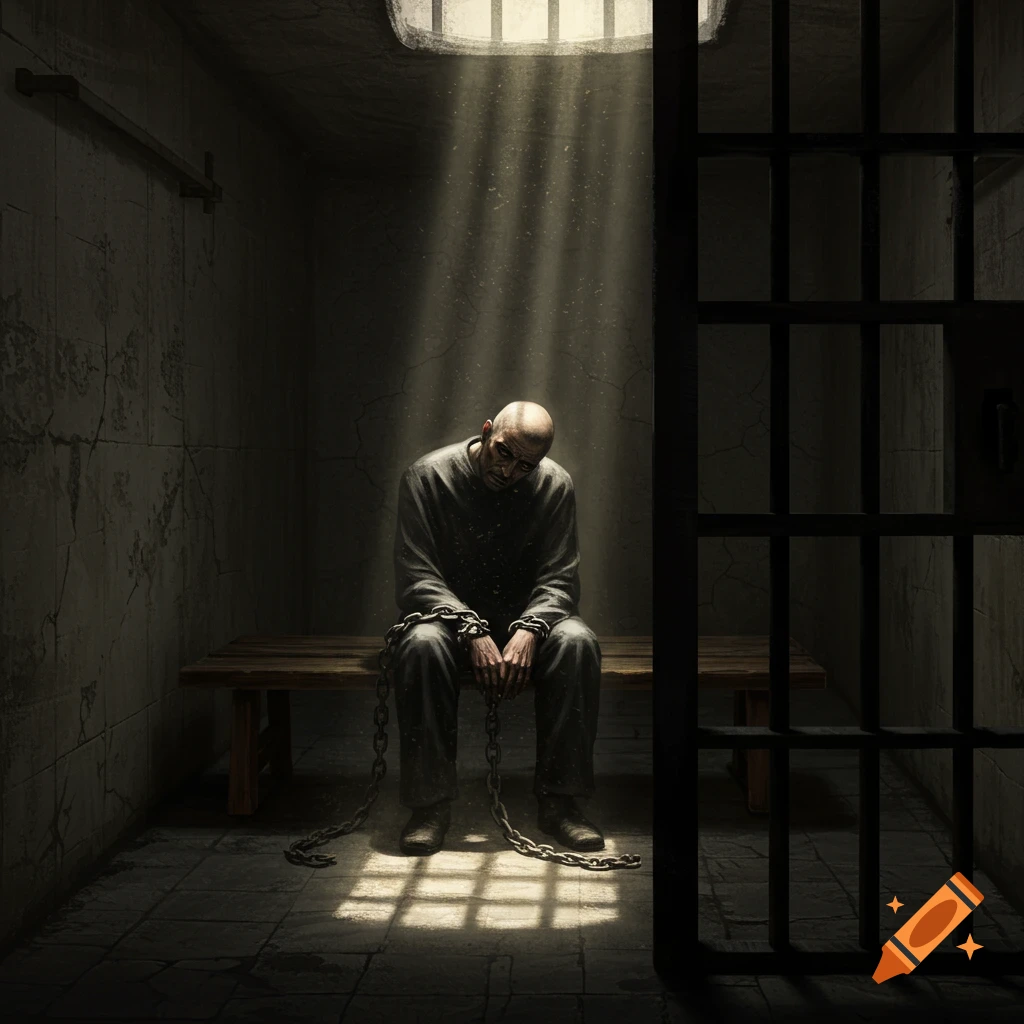 A bald man in chains sits dejectedly on a wooden bench in a dimly lit prison cell, with light streaming from a barred window.