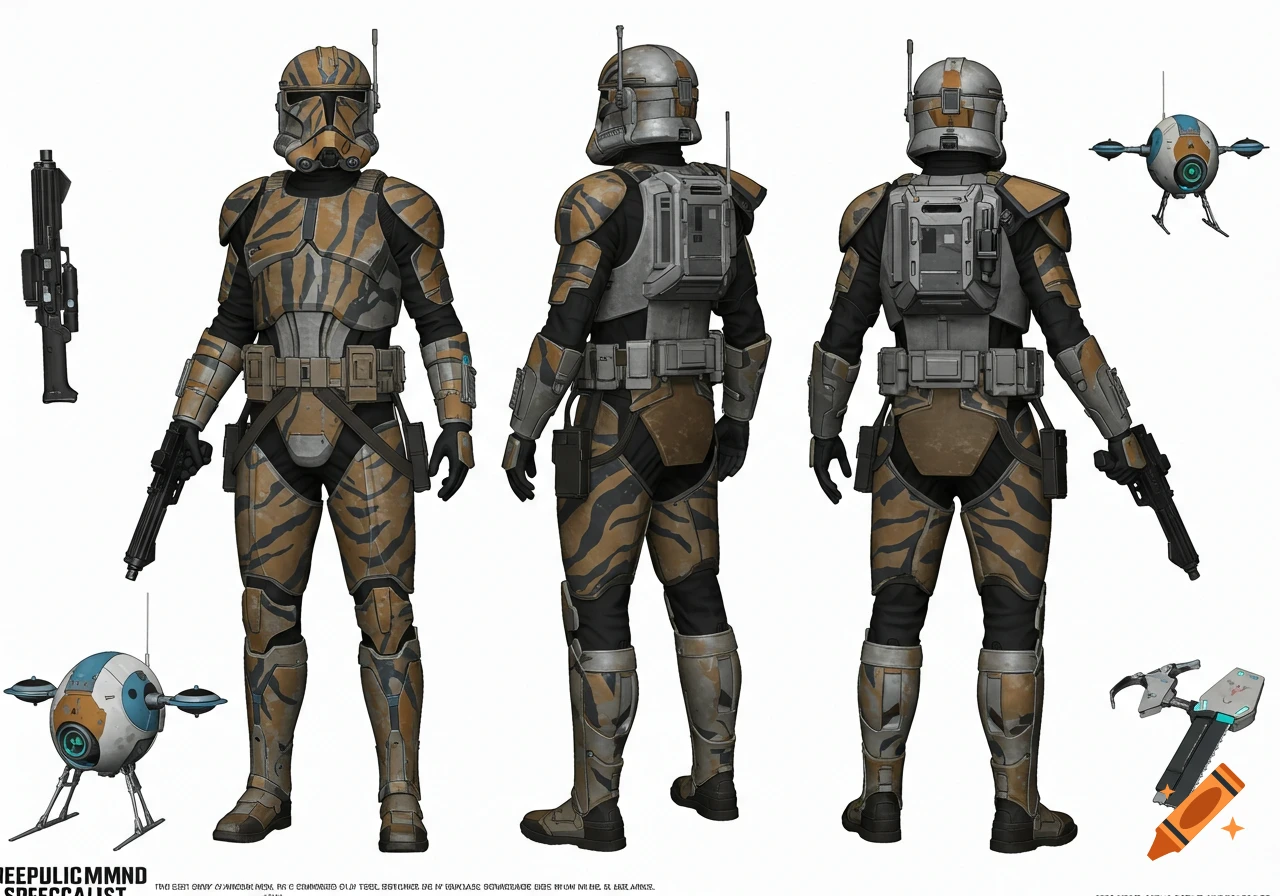 Multi-view concept art of a Republic Commando Tech Specialist in brown and grey tiger stripe armor with a backpack and blaster, accompanied by two recon drones.
