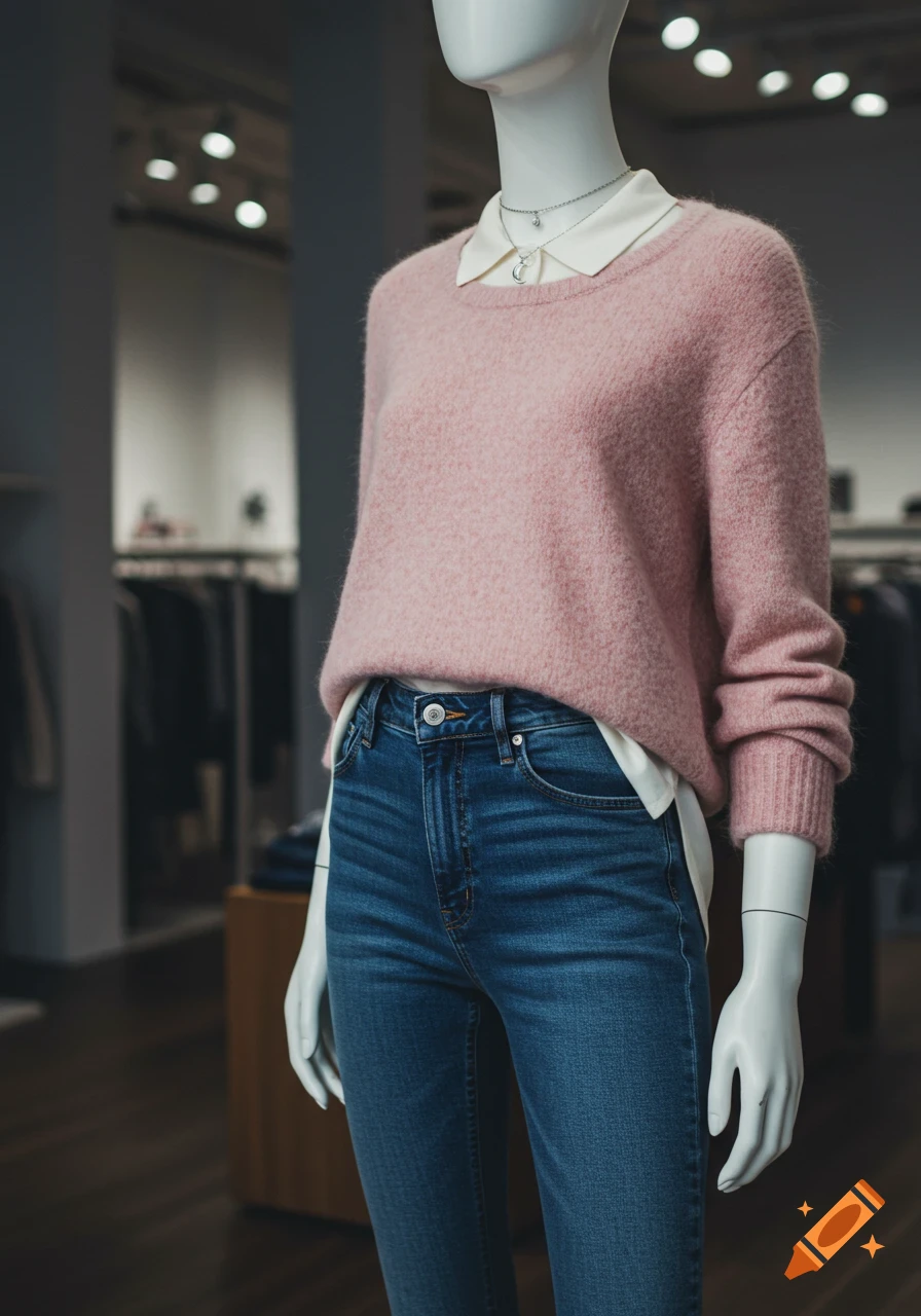 A mannequin displays an outfit featuring a pink wool sweater, white collared shirt, blue denim jeans, and a silver moon choker.