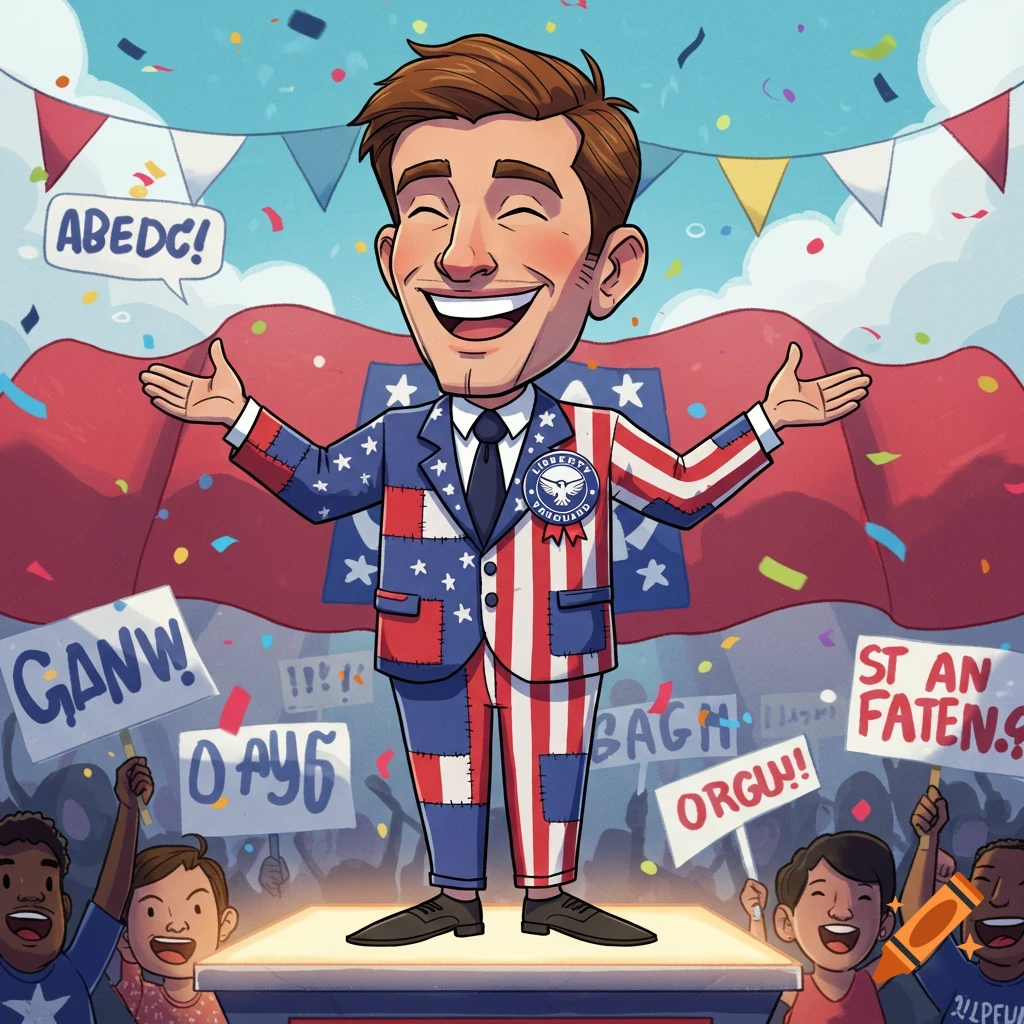 A cartoonish political candidate in an American flag suit addresses a cheering crowd at a rally with confetti.