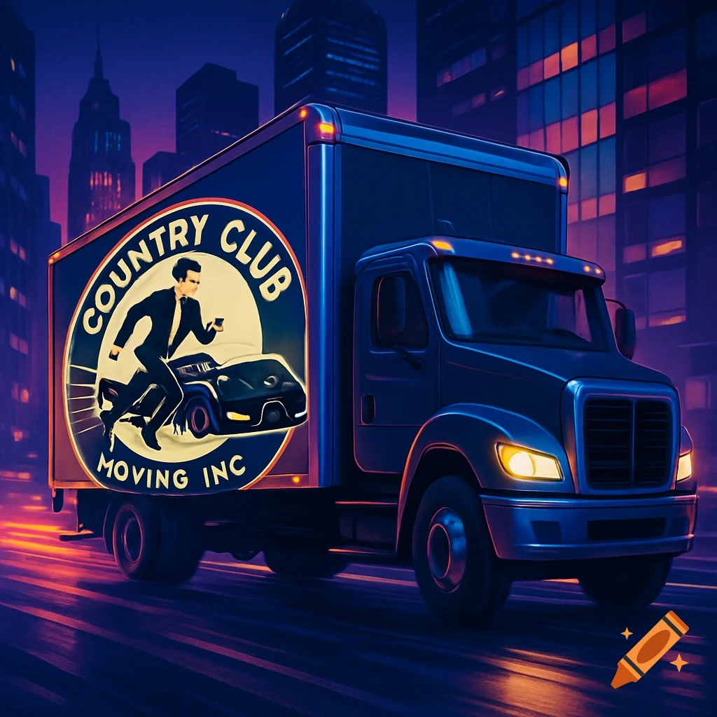 A stylized blue moving truck drives through a neon-lit city at night, featuring a circular logo with a man in a tuxedo racing a dark car.