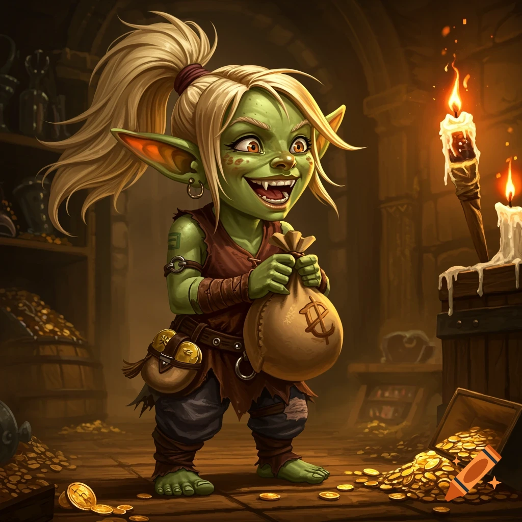 A mischievous green goblin woman with blonde hair in a ponytail grins widely while clutching a bulging bag of gold in a treasure-filled chamber.