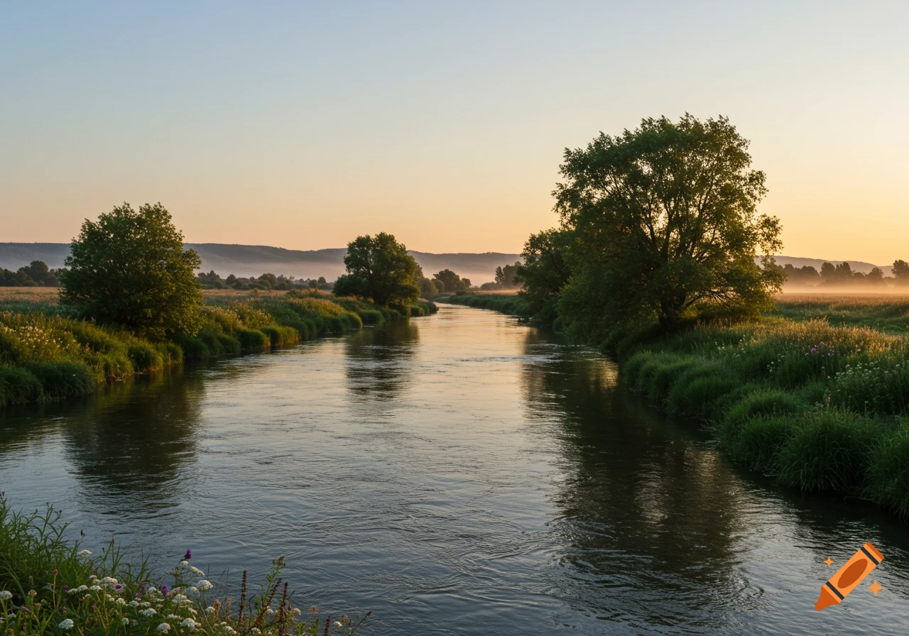 Photorealistic image of a winding river flowing through a lush, grassy landscape with trees under a serene, golden hour sky.