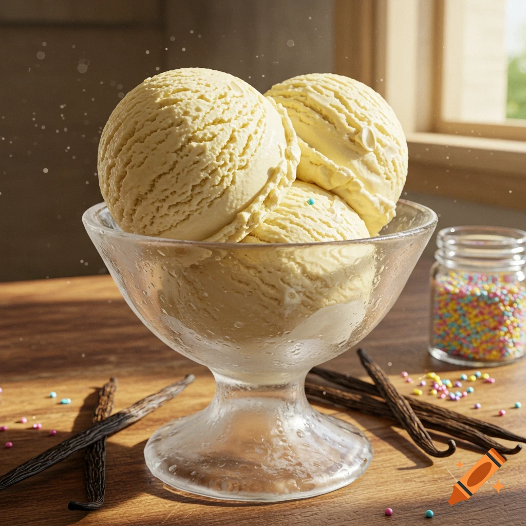 Three scoops of vanilla ice cream in a glass bowl on a wooden table with vanilla beans and colorful sprinkles, photorealistic.