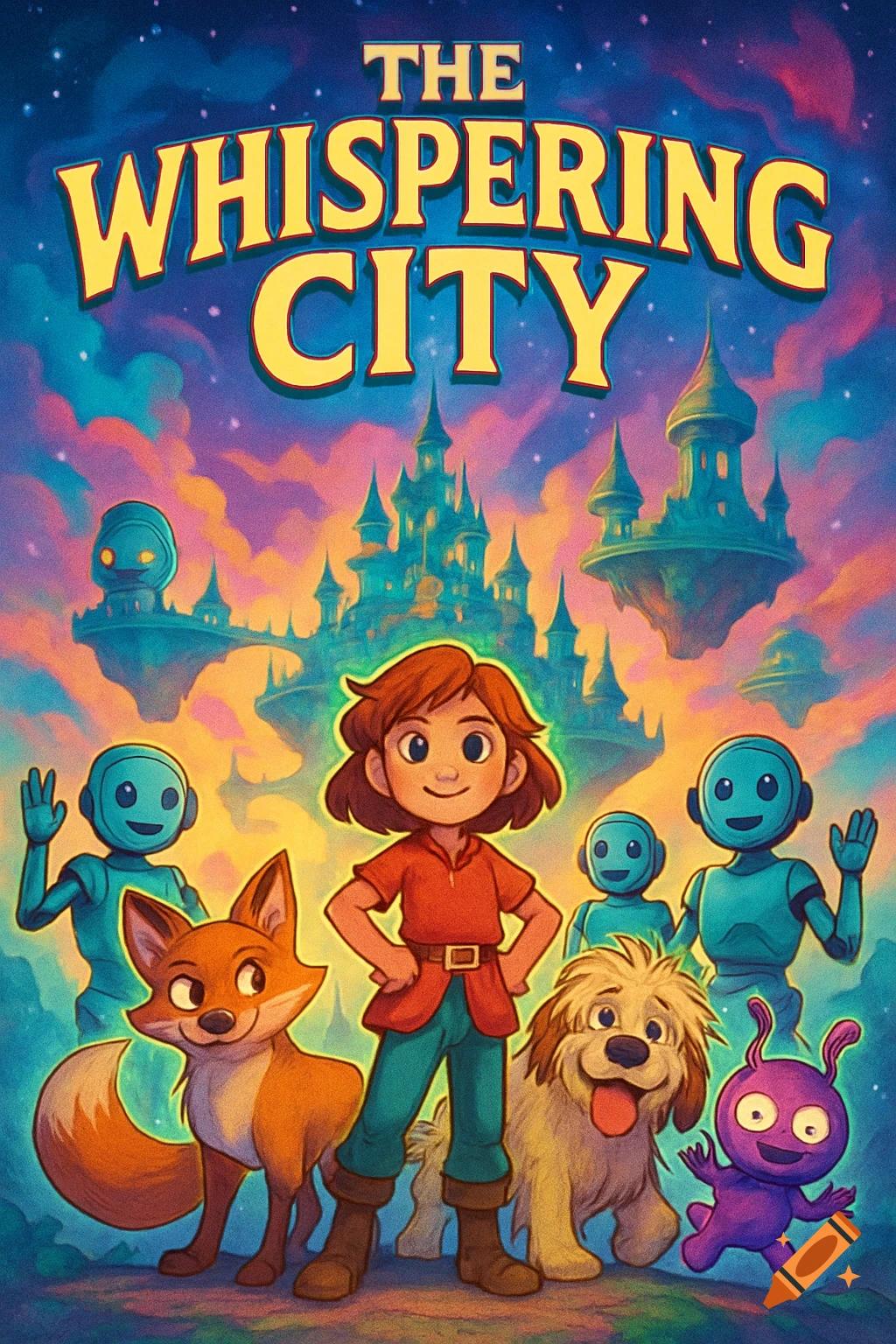 Cartoon movie poster for 'The Whispering City' featuring a girl, fox, dog, and robots in front of a fantasy floating city at night.