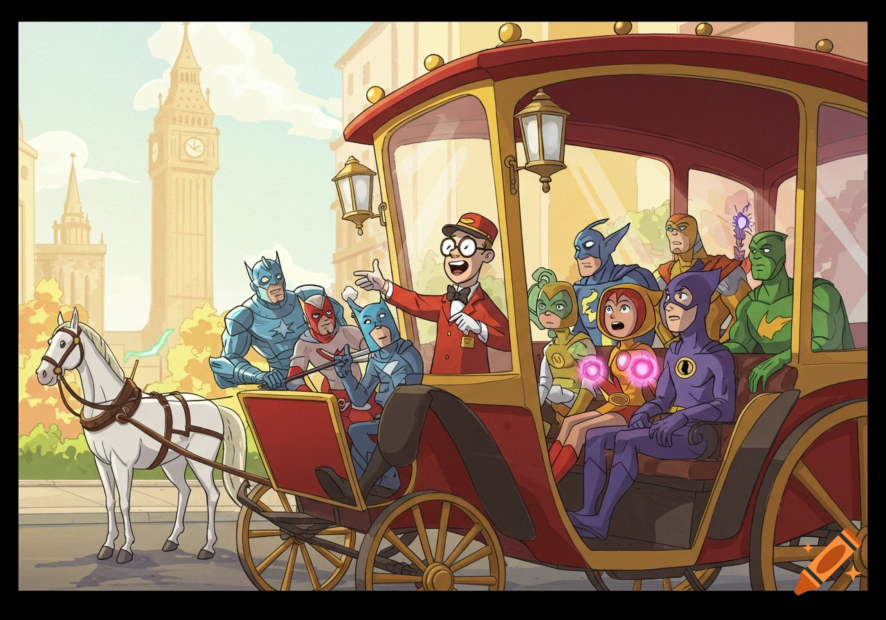 A cartoon tour guide and superheroes ride in a horse-drawn carriage in London with Big Ben in the background.