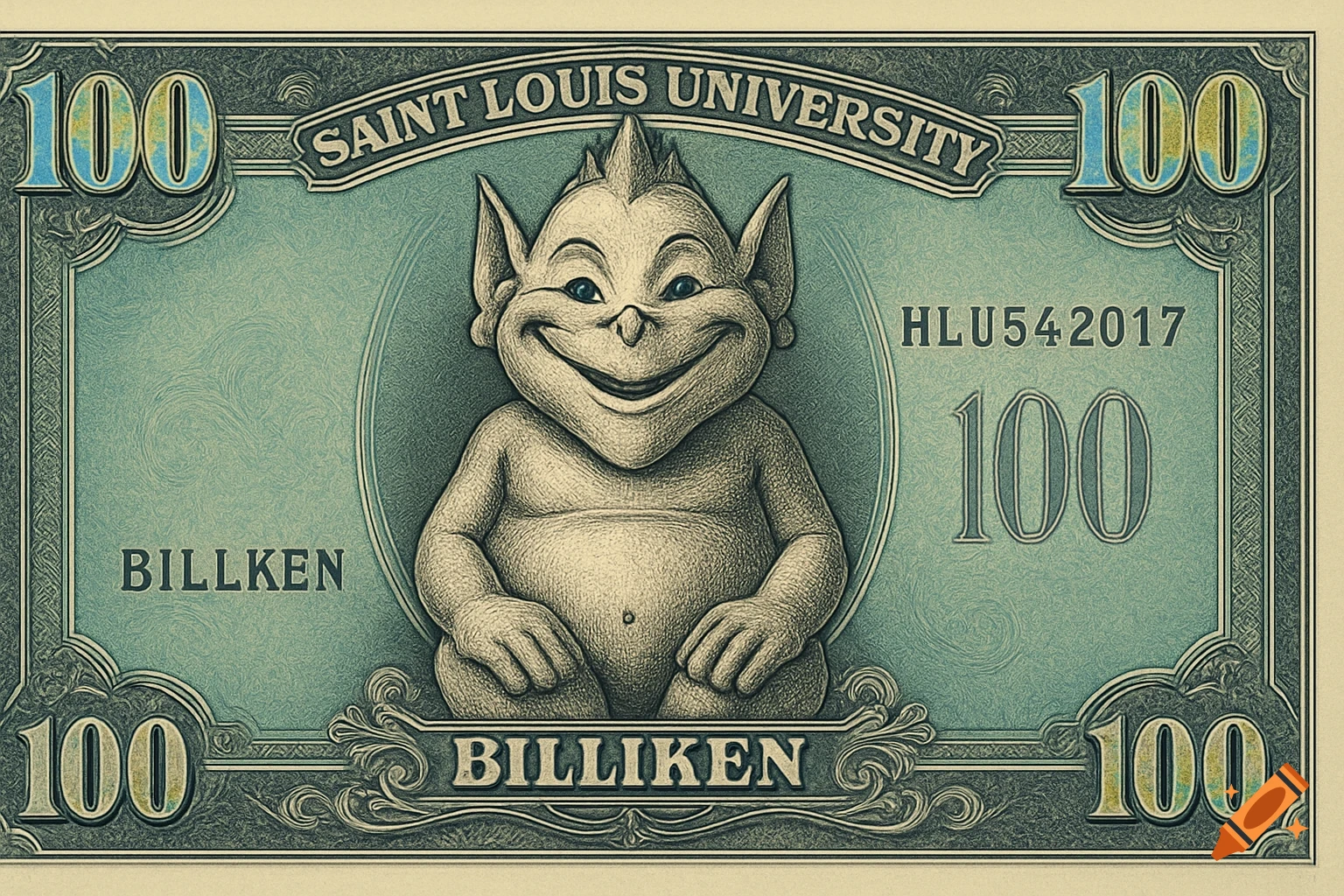 A detailed illustration of a Billiken mascot on a green one hundred dollar bill, featuring 'Saint Louis University' and the number 100.