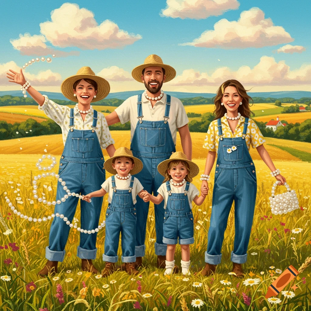 A family of four, including two adults and two small children, wearing blue jean overalls and straw hats, stand in a sunny field adorned with white pearls. The style is painterly.