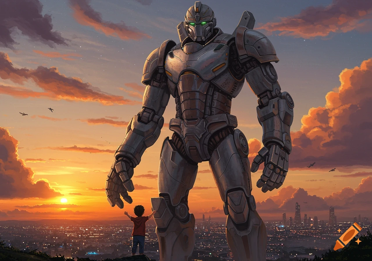 A giant metallic robot stands before a small boy at sunset, overlooking a sprawling city with twinkling lights.
