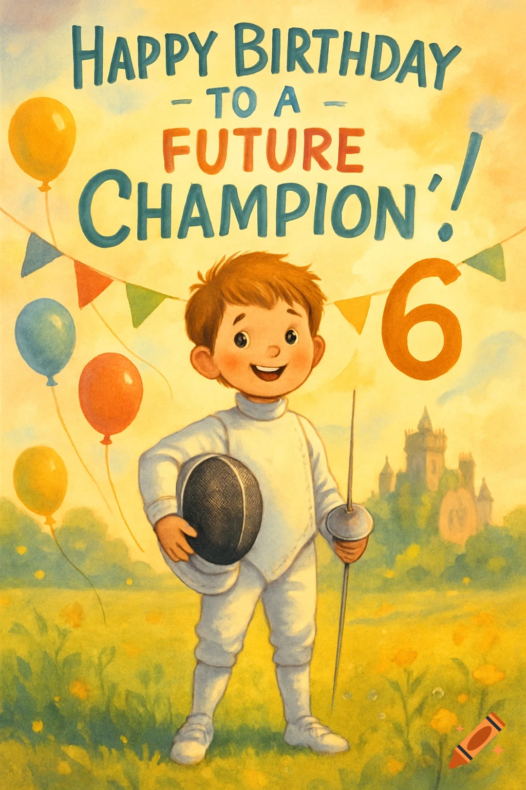 Watercolor birthday card with a boy in fencing gear, balloons, and a castle. Text: 'Happy Birthday to a Future Champion! 6'