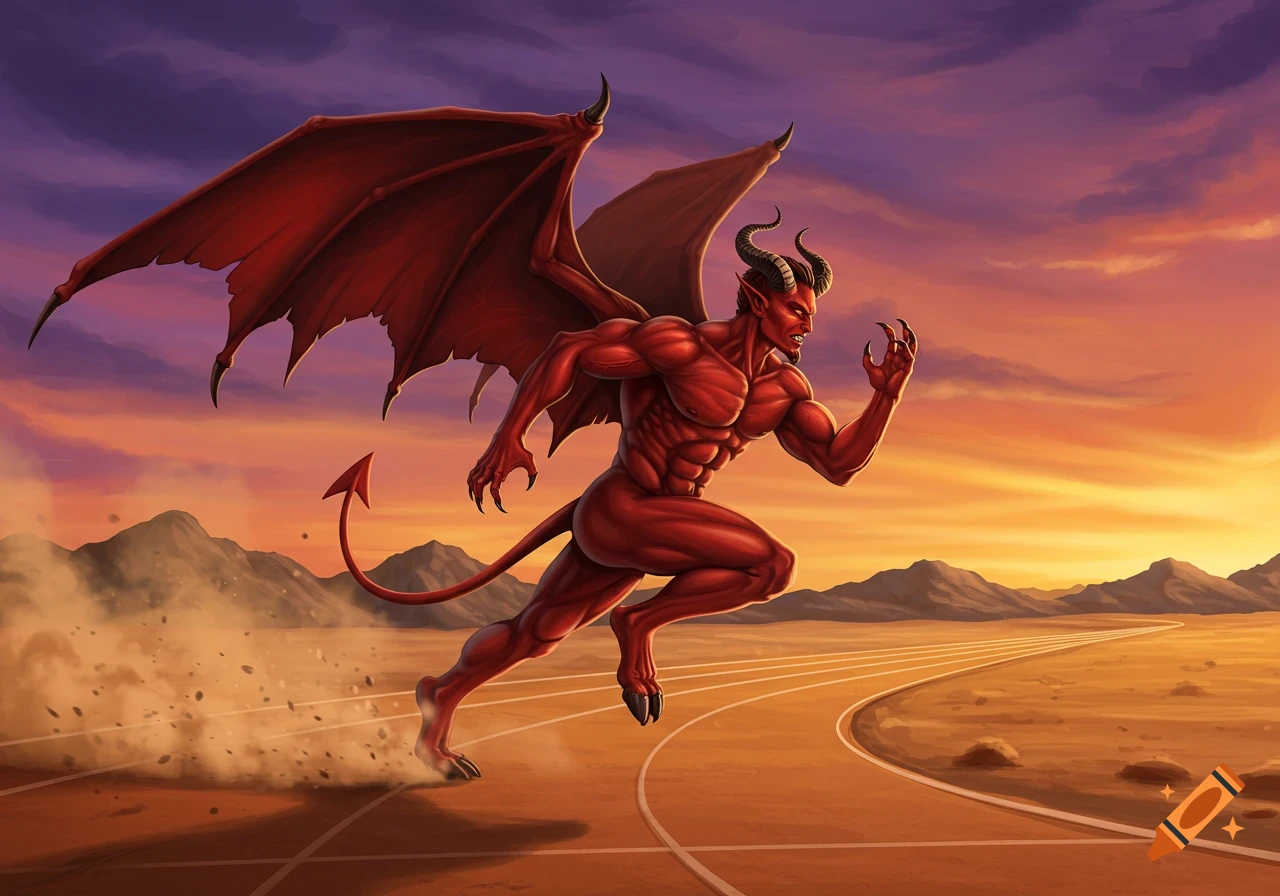 A muscular red devil with horns and large wings runs on a desert track at sunset, kicking up dust.