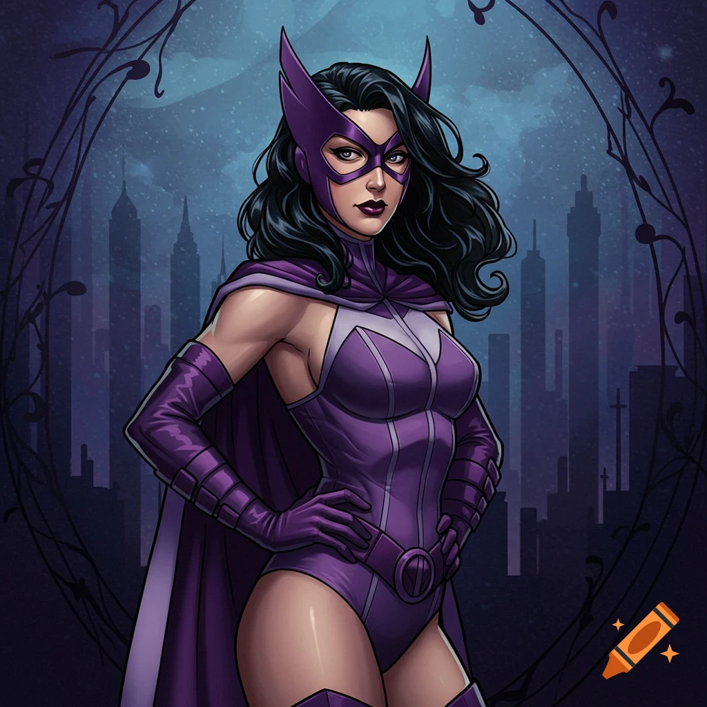 A female superhero, Huntress, in a purple costume with a mask and cape stands against a dark city skyline in a comic book art style.
