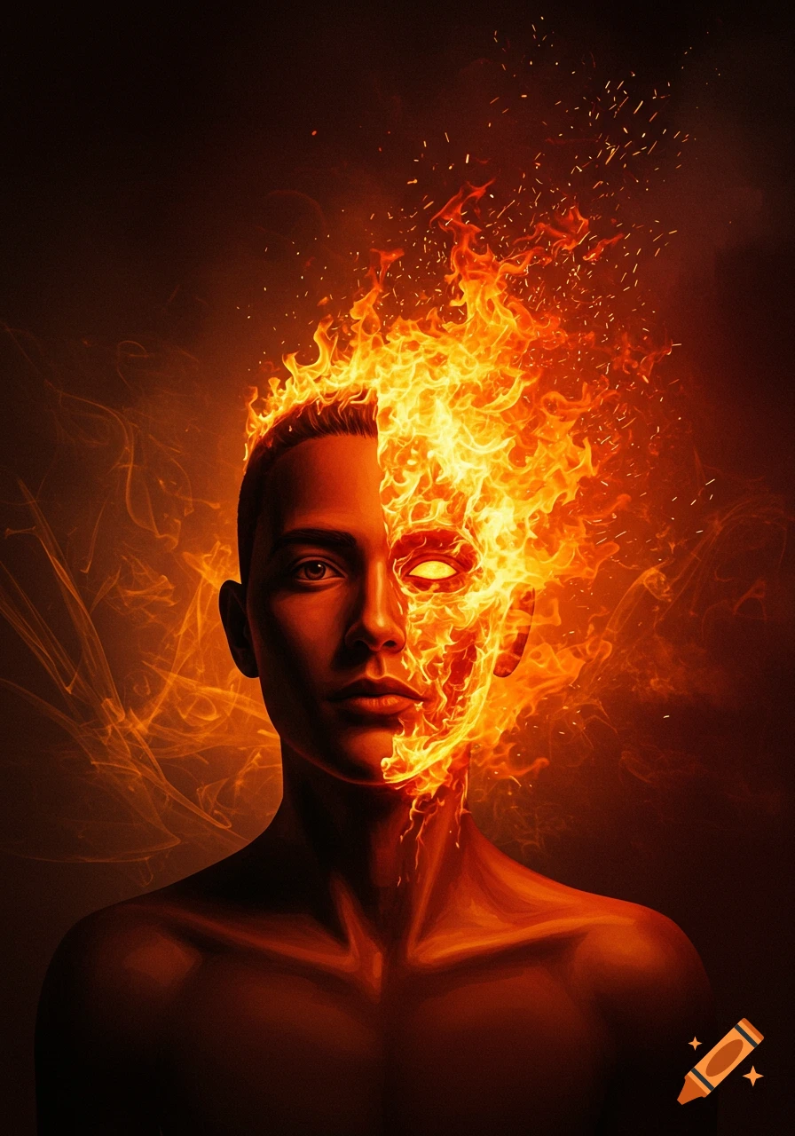 A digitally painted portrait of a person with the right half of their head engulfed in bright orange flames.