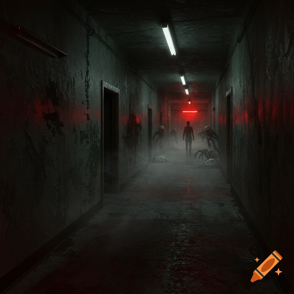 Dark, grimy hallway with mist and red light. A lone figure walks past grotesque, skull-faced creatures emerging from walls and fog.