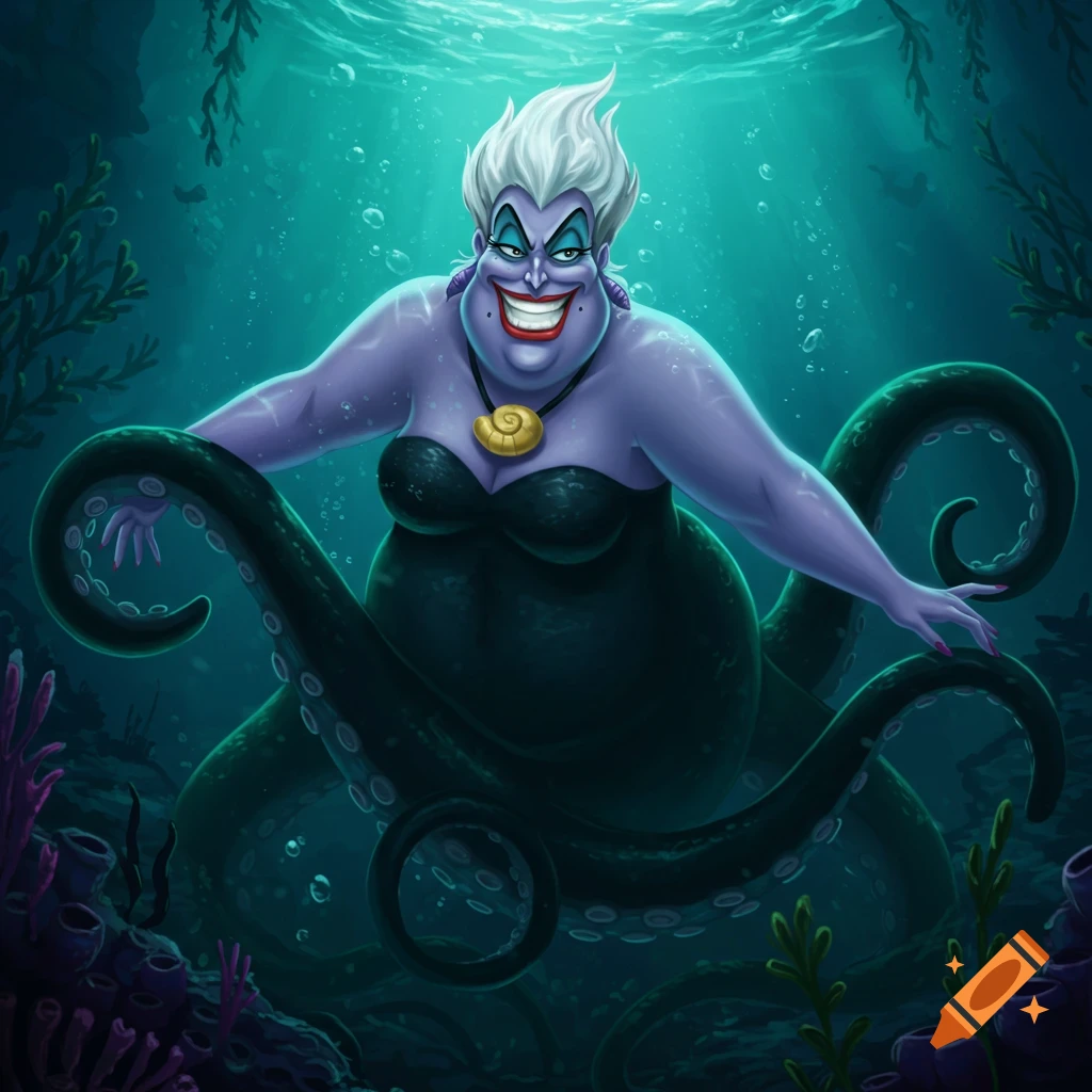 A cartoon illustration of Ursula, the purple sea witch with white hair and tentacles, smiling underwater.