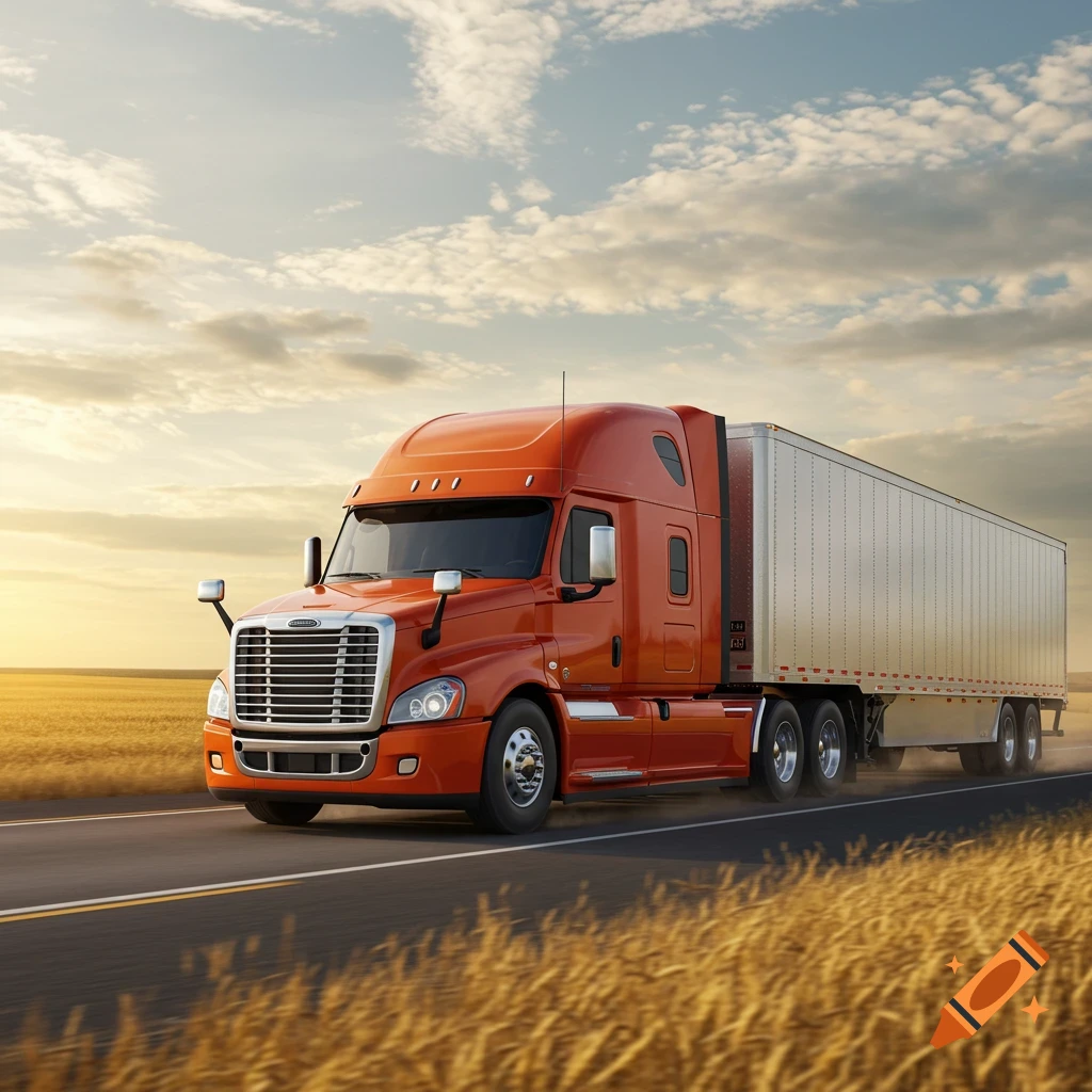 Photorealistic orange Freightliner semi-truck with a white trailer on a highway through golden fields under cloudy sky.