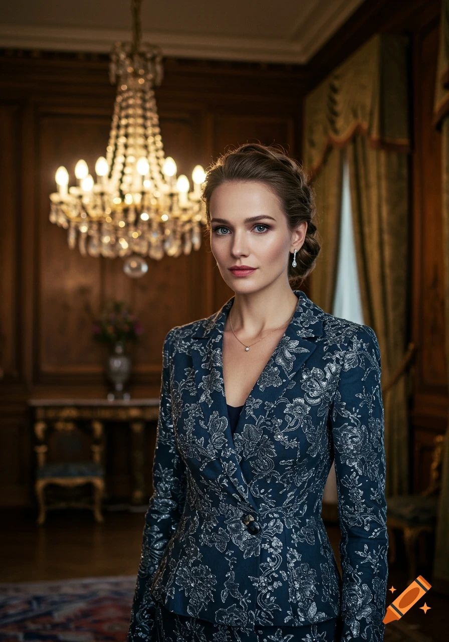A woman in an ornate blue and silver blazer stands in a grand, wood-paneled room with a crystal chandelier.