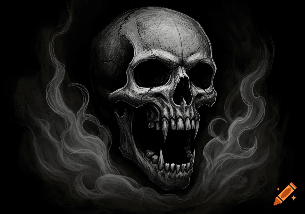 A black and white sketch of a demonic skull with fangs emerging from smoke, with a rough crayon texture.
