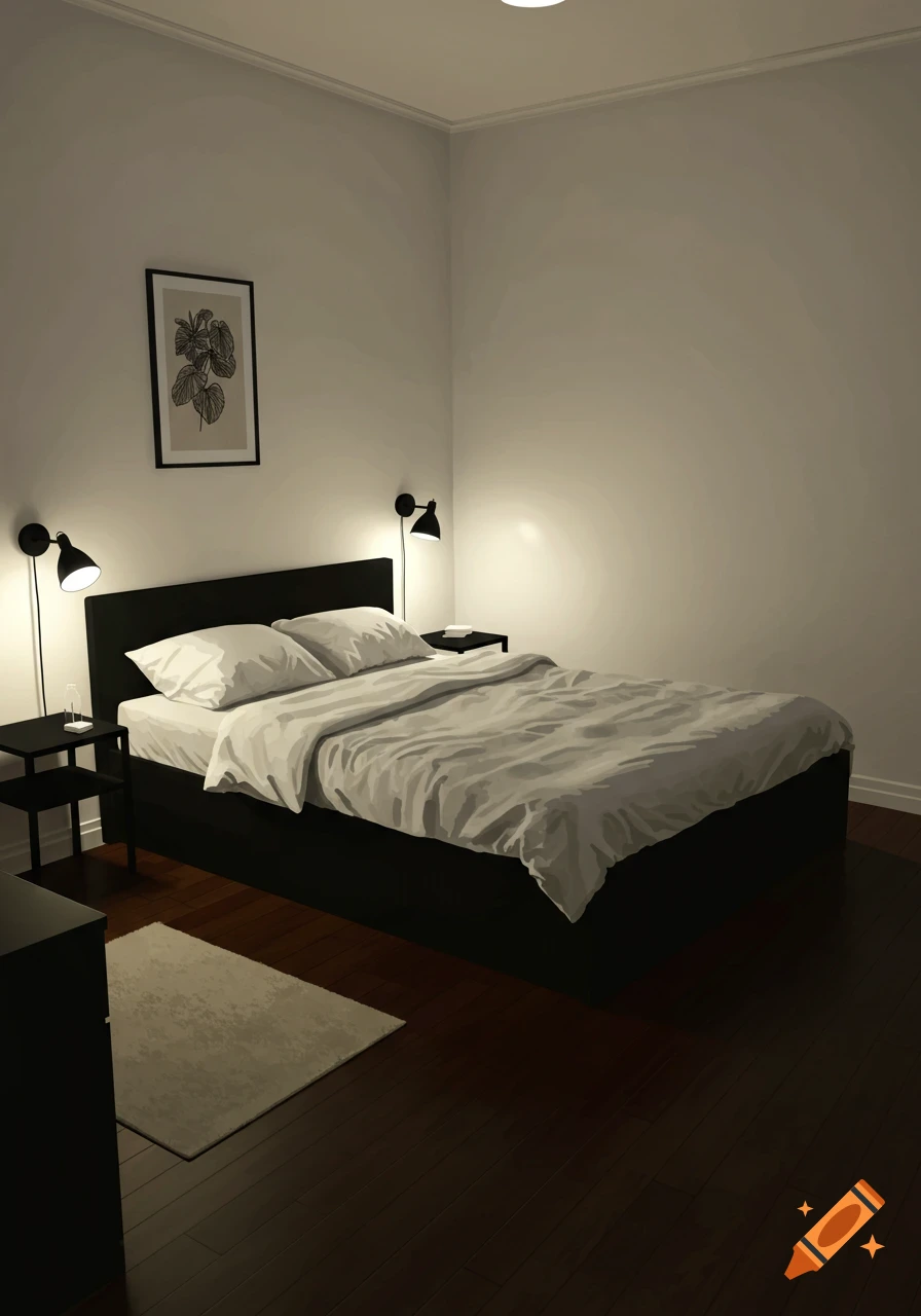 A dimly lit, minimalist bedroom with a black bed, white bedding, black nightstands, a botanical print, and dark wood floors.