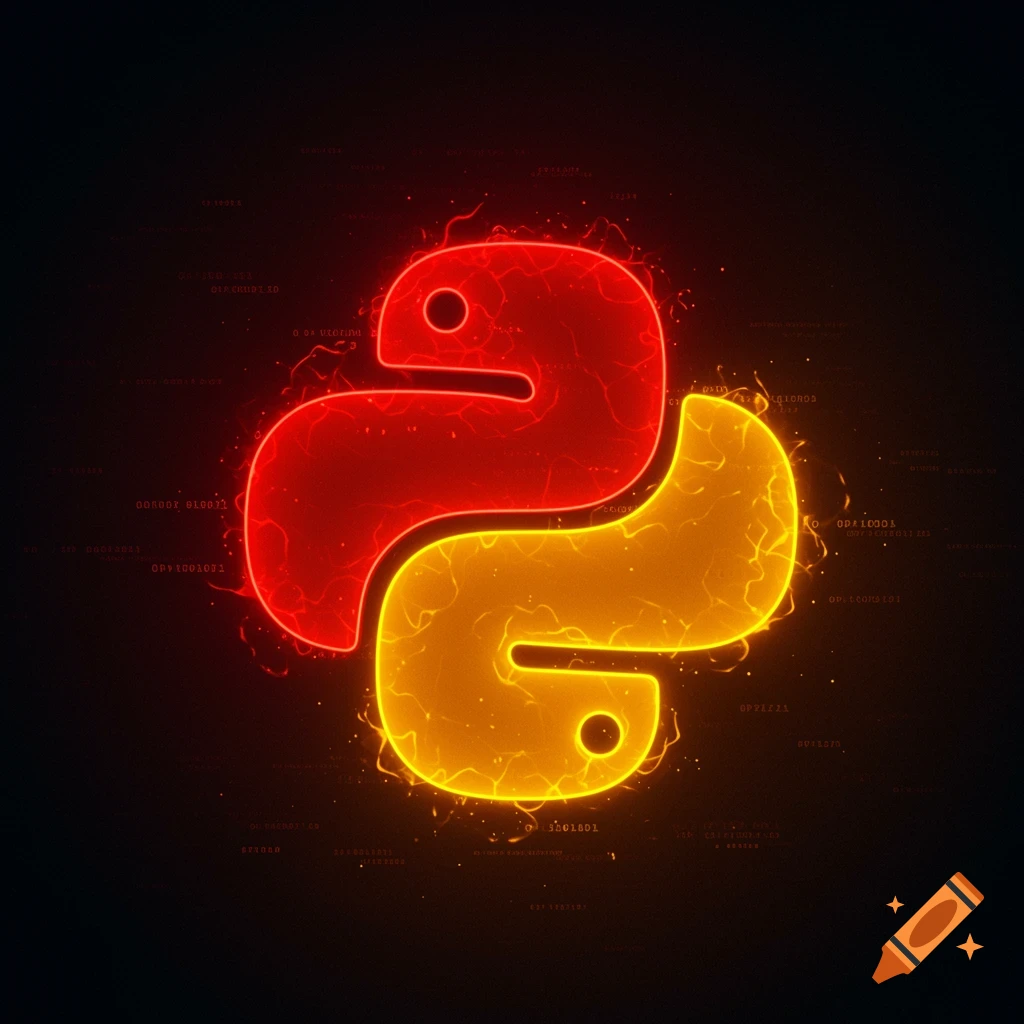 Stylized glowing red and yellow Python programming language logo on a dark background with faint data patterns.