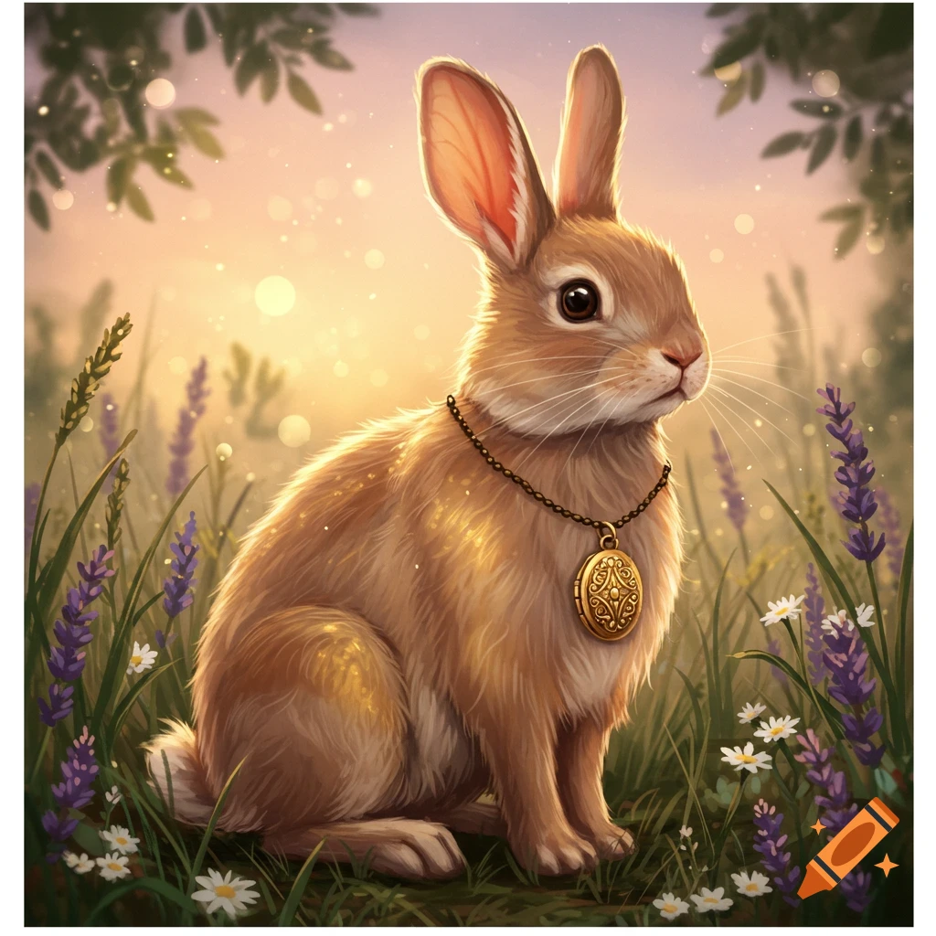 A light brown bunny with a golden locket sits in a field of lavender and white flowers at sunset in an illustrative style.