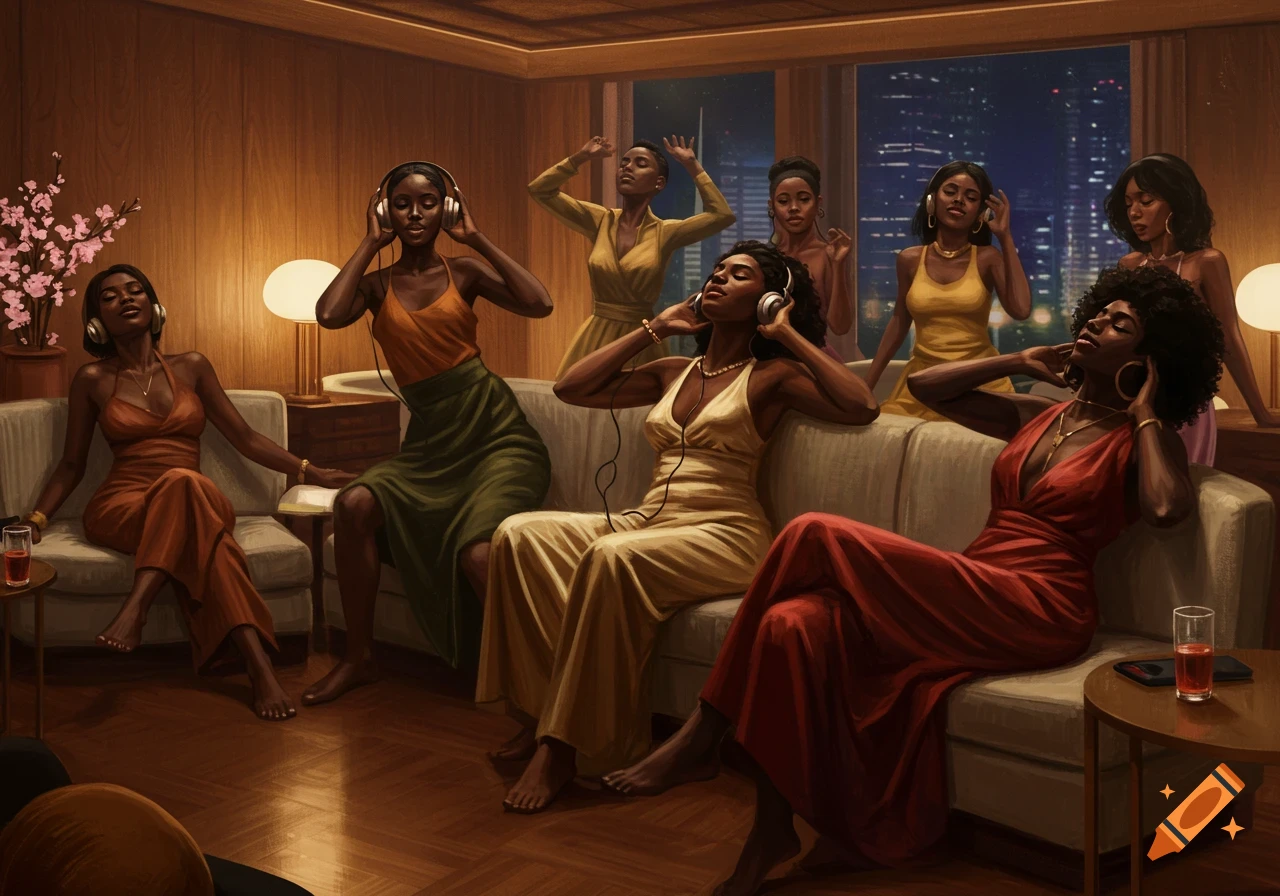 A group of Black women relaxing and listening to music with headphones in a stylish living room at night.